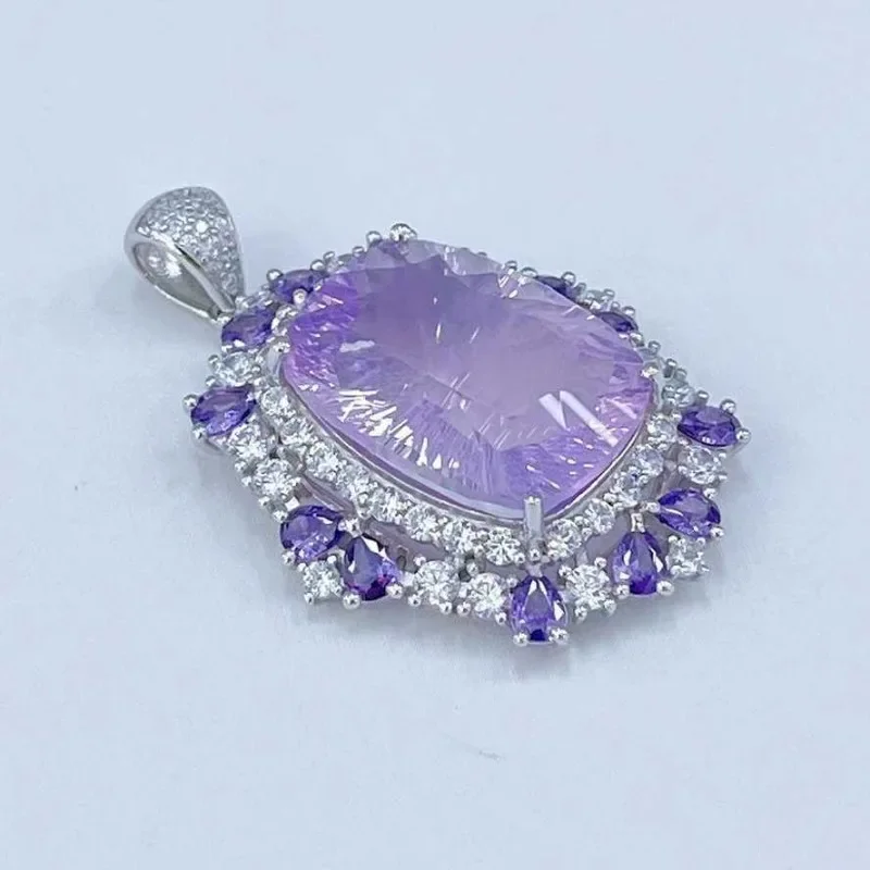 SACE GEMS 925 Sterling Silver Certified 15*20MM Natual Lavender Crystal Pendant Necklace for Women Cocktail Party Fine Jewelry