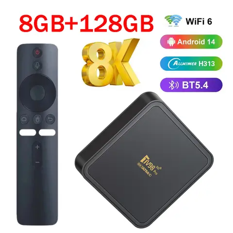 TV Box IPTV 8GB 128GB Allwinner H313 Android 14.0 HD 8K 4K TV98 Pro con Control Remoto por Voz, WiFi Dual 5G 4G, Reproductor Multimedia, Decodificador para el Hogar