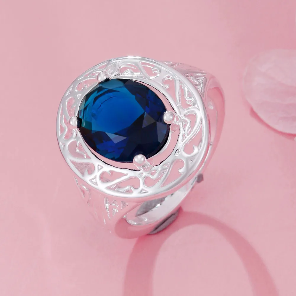 Hot 925 Sterling Silver Charm Blue Crystal Oval Rings For Women Noble Fashion Party Wedding Accessories Jewelry Holiday Gifts