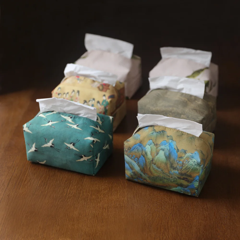 Chinese Style Retro Printing Napkin Holder Tissue Holder with Boxed Corners Vintage Painting Tissue Box Cover Elegant Decoration
