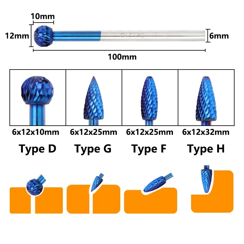 XCAN 6mm Shank Rotary File 1pc Nano Blue Coated Tungsten Carbide Rotary Burrs Bit Metal File 100mm Long File for Metal