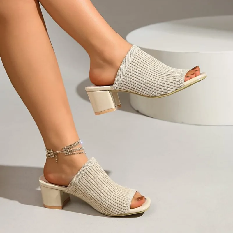 Bequeme Damen-Stricksandalen in Übergrößen mit Hohem Absatz, Modische Einfarbige Schuhe mit Dickem Absatz, Eckiger Spitze und Breitem Riemen