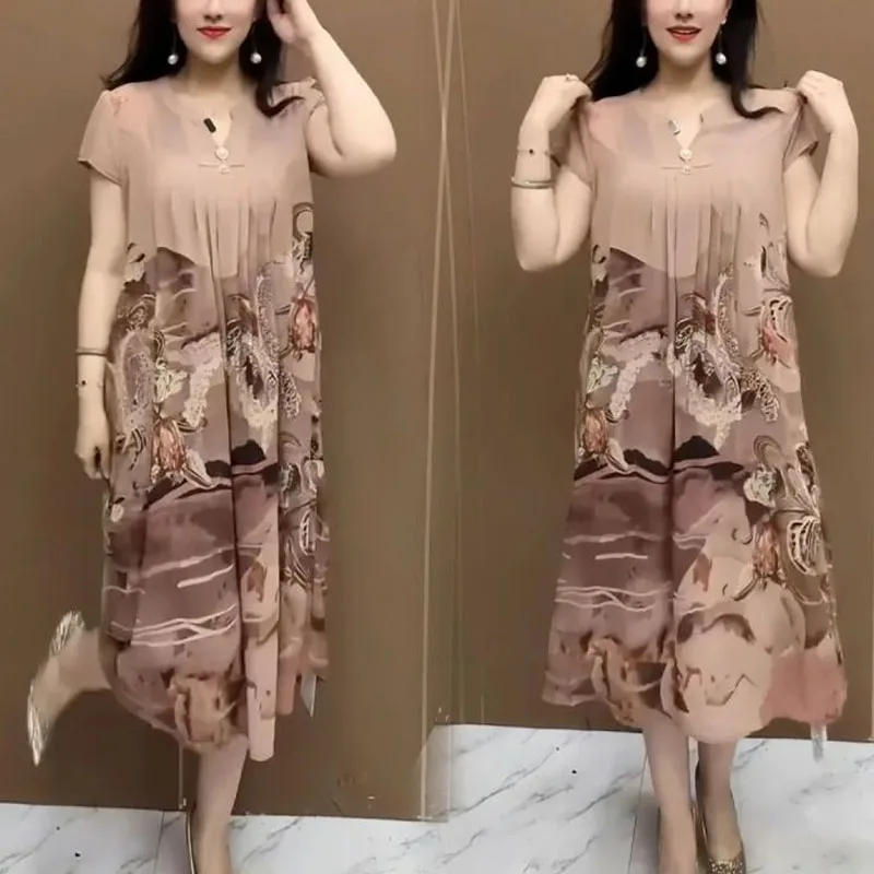 

2024 Summer New Women's Fashion Casual Printed V-Neck Button Slim and Flesh Covering Landscape Painting Half Sleeved Midi Dress