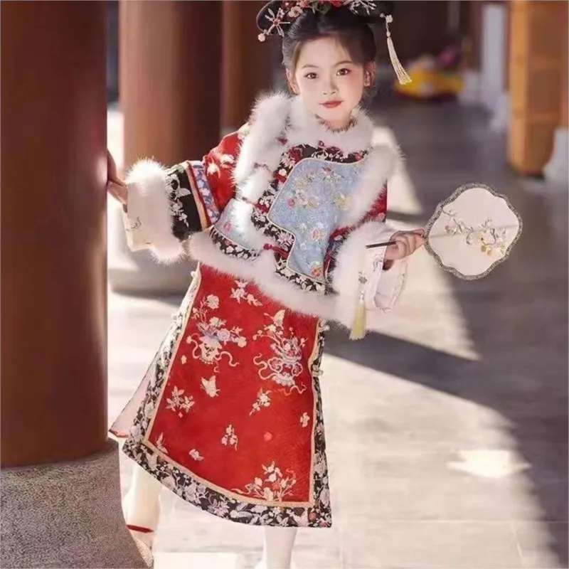 

2026 New Children's New Embroidery New Year Hanfu Set Girls' Ancient Qing Dynasty Hanfu Kids' Winter Thick Hanfu Qipao Set LI807