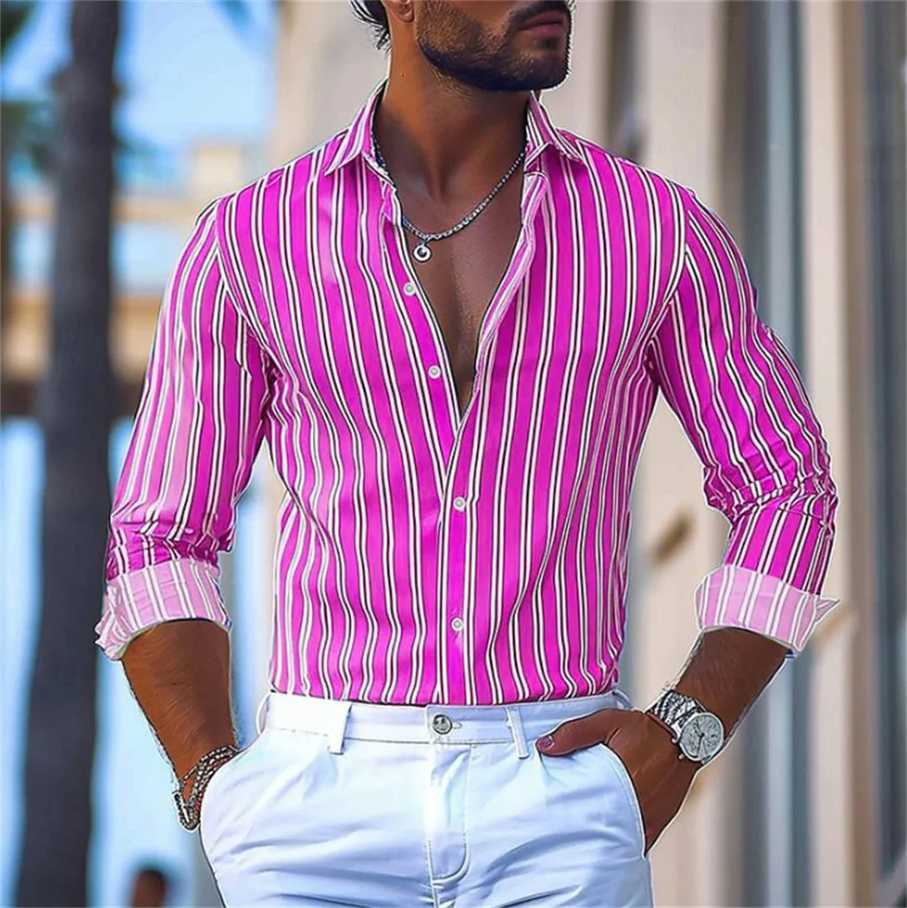 2024 New Men\'s Pink Line Printed Shirt Fashion Luxury Business Casual Long Sleeve Collar Shirt Street High Quality Top 6XL