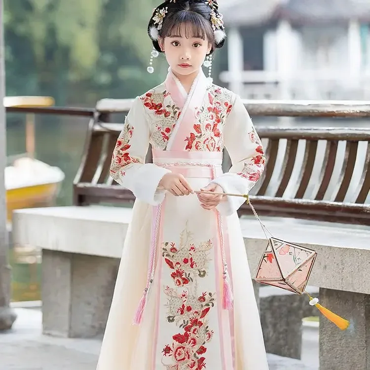 Hanfu ชุดเดรสปาร์ตี้แบบเย็บปักกำมะหยี่สำหรับเด็ก, ชุดจีนอบอุ่นสำหรับฤดูหนาวพร้อมผ้าคลุมชุดตรุษจีน