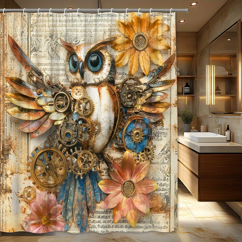 Steampunk Owl Print Shower Curtain Gothic Industrial Boho Vintage Waterproof Bathroom Wall Decor Tapestry Fabric Curtain 180x180