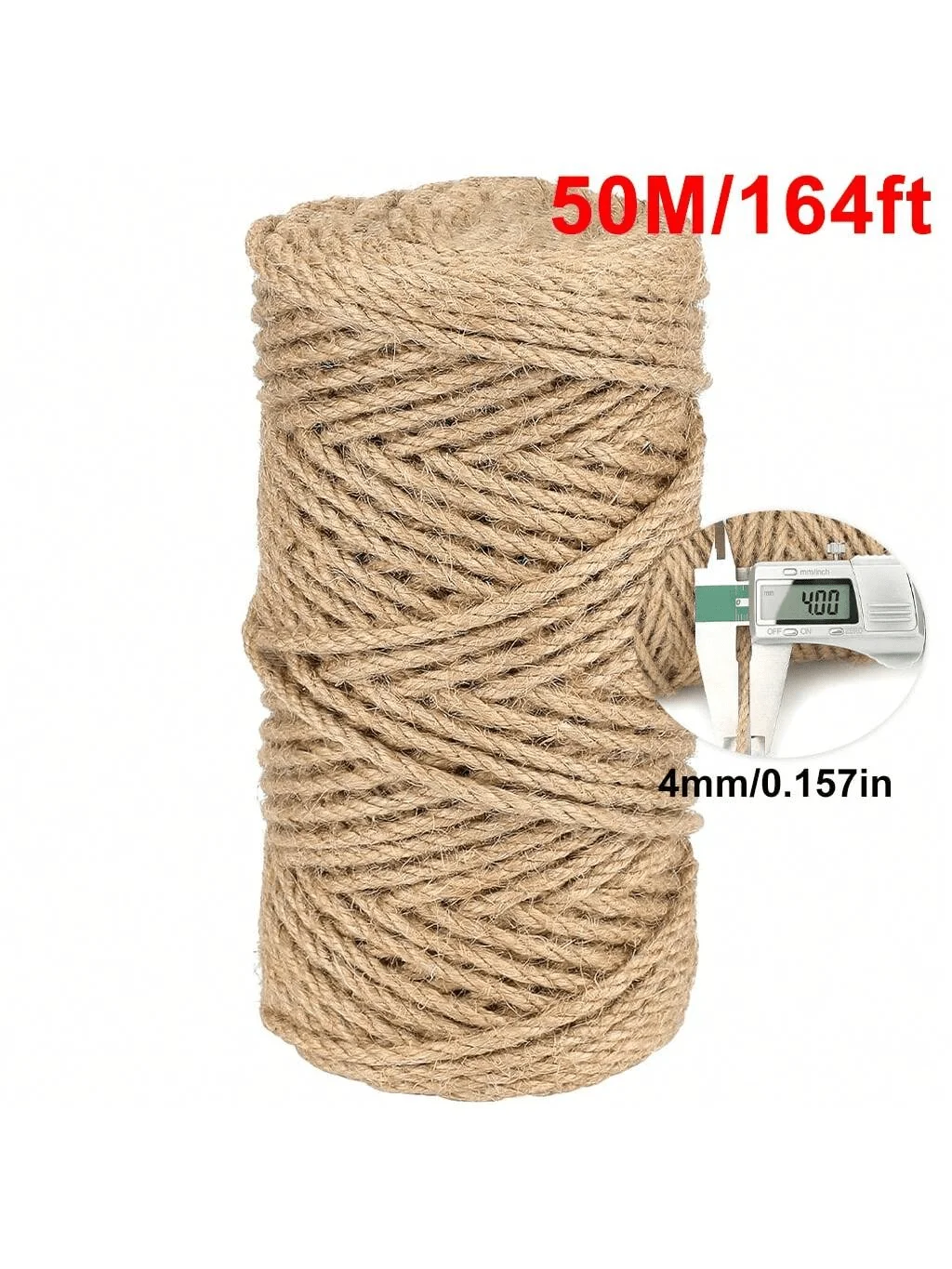 4 mm Juteseil, 49 Fuß/98 Fuß/164 Fuß robustes Juteseil, braunes dekoratives Hanfseil für Kunstwerke, Gartenarbeit, Bündelung, Camping, Dekoration und Heimwerkerarbeiten