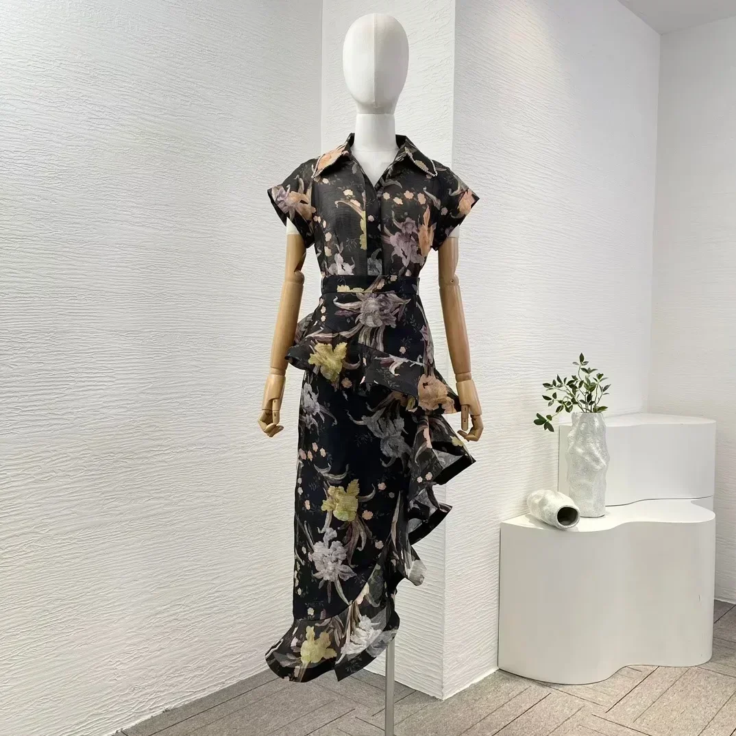 Silk Linen New Vintage Holiday Collection Black Floral Print Short Sleeve Diamonds Blouse and Irregular Hem Ruffles Skirt Set