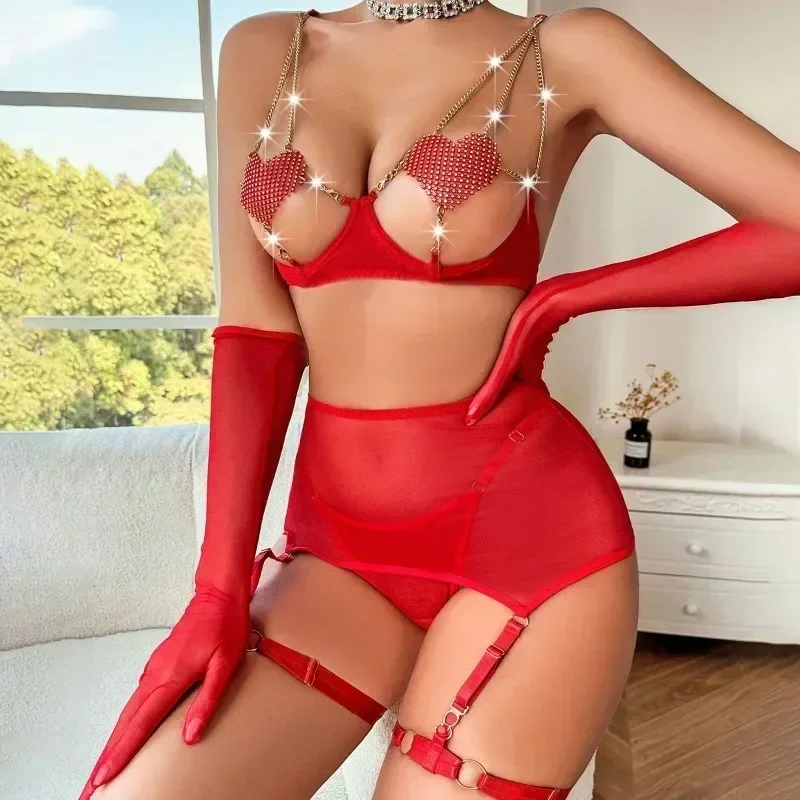 Chuangerm sexy Netz erotische rote Dessous ins ausgesetzt Brust Liebes kette sexy durchsichtige Mesh fünfteilige Sets weibliche nur Fans Kit