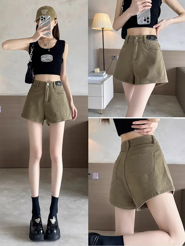 

Khaki Denim Short Shorts Women's Summer High Waist Loose Design Spicy Girl Hot Pants Casual High Waist Loose Fit Jeans