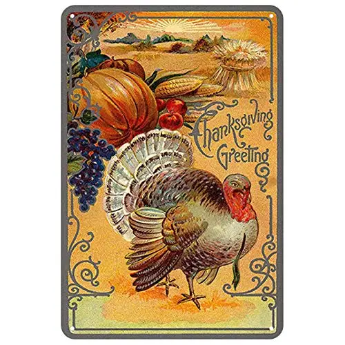 ZMKDLL Thanksgiving Greeting Turkey Autum Iron Painting Metal Plate Tin Sign Vintage Retro Home House Man Cave Decor 12x8 inches