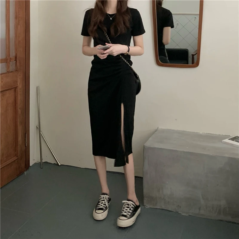 Ature T-shirt mi-long pour femme Dr Design fendu asymétrique coupe ajustée taille haute jupe trapèze coréenne Sle été Dr