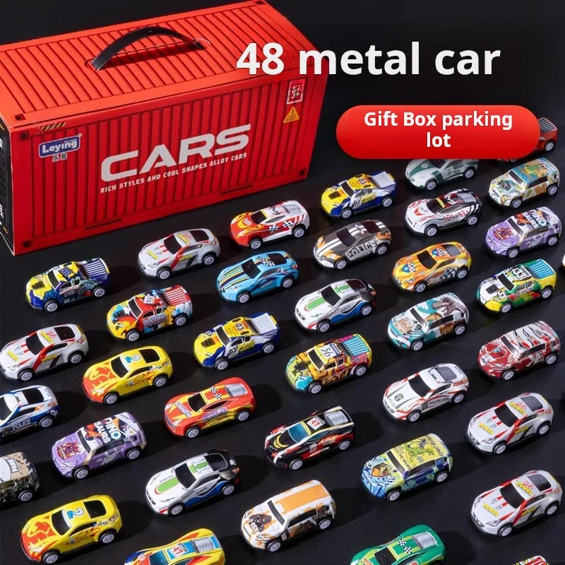 48 Uds. Coches extraíbles de aleación para niños, Mini vehículos de Metal, coches de carreras de inercia, juguetes con contenedor, caja de almacenamiento, juguete para niños, regalos