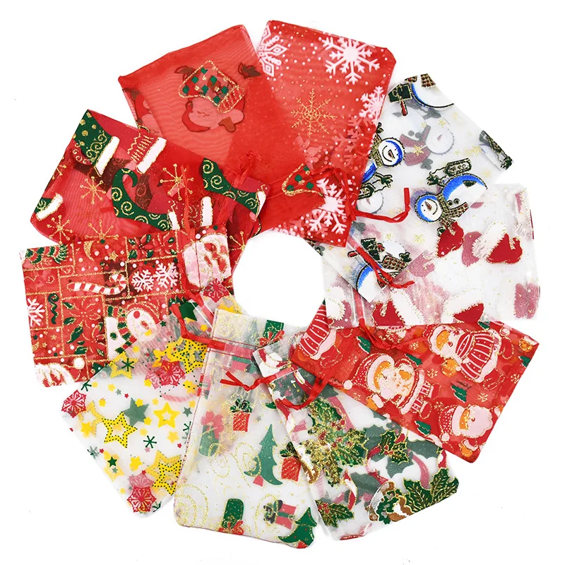 10pcs Christmas Organza Candy Bag Santa Snowflake Jewelry Gifts Packaging Drawstring Bags For Kids Wedding Christmas Party Decor
