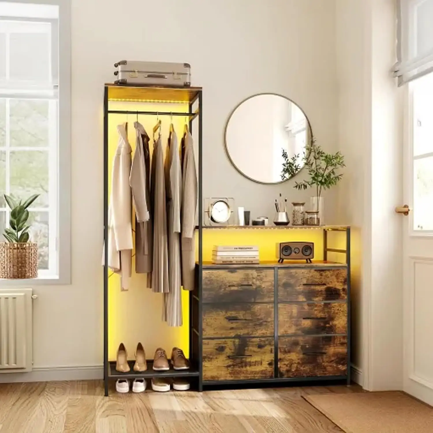 Heavy Duty Garment Rack with Fabric Drawers and LED Light, Freestanding Portable Closet Wardrobe Systems with, Customized