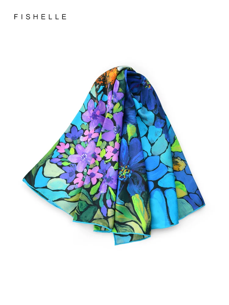 Bluish violet flower birds oil painting scarves women 100% natural silk twill 90*90 square scarf ladies bandana luxury hijab