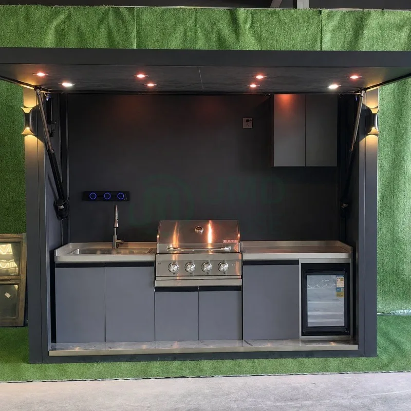 Outdoor BBQ Kitchen Island, Custom Built-in Grill, Waterproof Aluminum Cabinets, Portable Patio Design