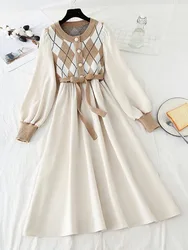 Women Patchwork Knitted Dress Spring Casual O Neck Long Sleeve A-line Dress Single-breasted Sweater Dresses Bandage Vestidos