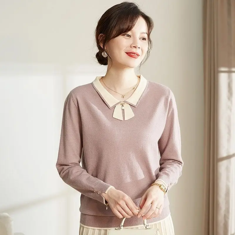 

Women's Clothing Elegant Sweaters Autumn/Winter Bow Chic Long Sleeve Casual Knitted Lady Versatile Turn-down Collar Pullover Top