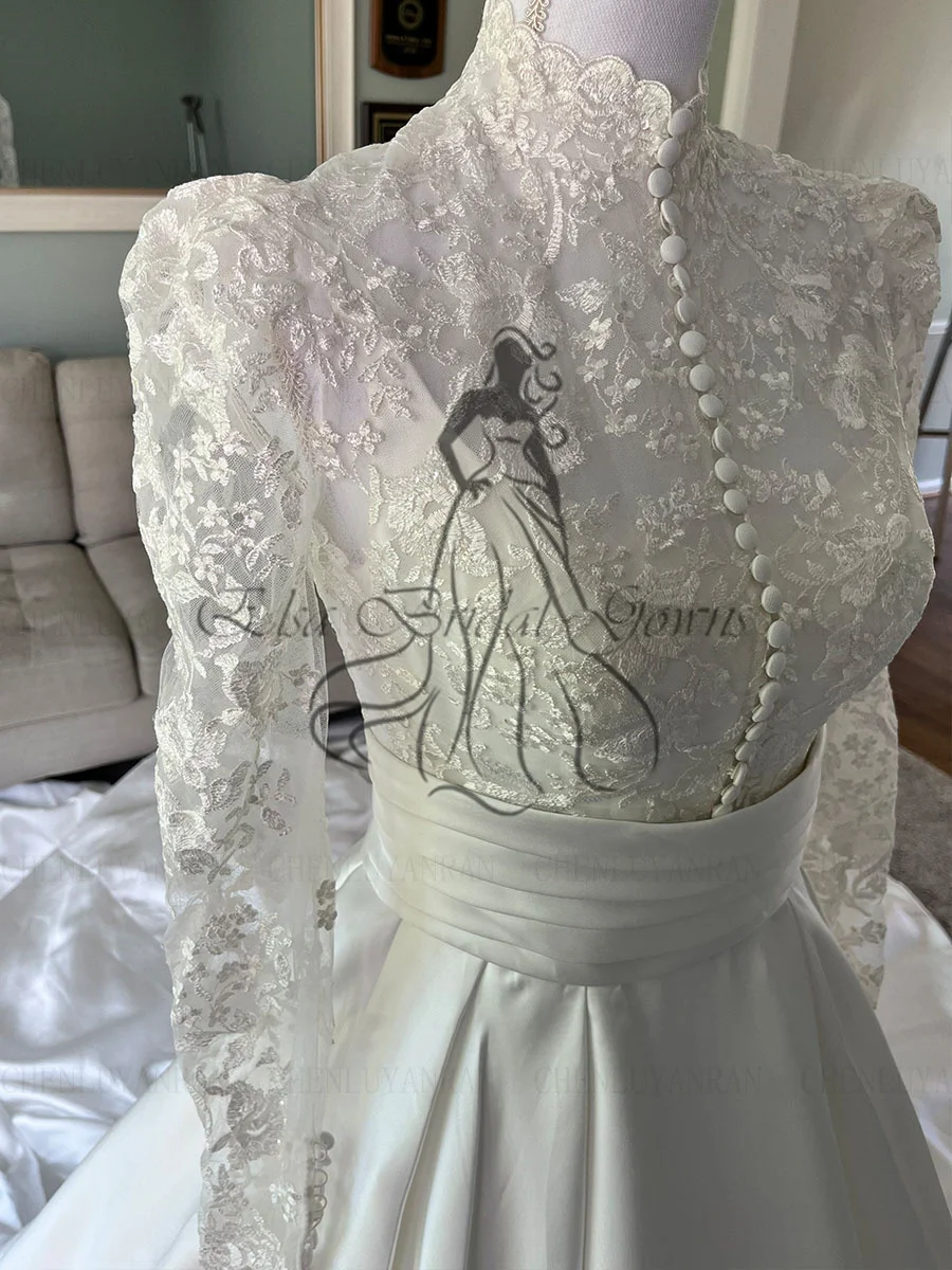 Robes de mariée musulmanes en satin pour femmes avec ceinture, robe de mariée de luxe en dentelle, robes A-Line pour femmes, 2023