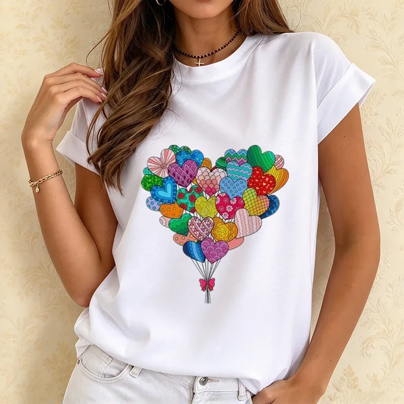 White Women's T-shirt Floral Girl Colorful Heart Balloon Print Short Sleeve Crew Neck Casual Summer T Shirts Graphic Tee Tops