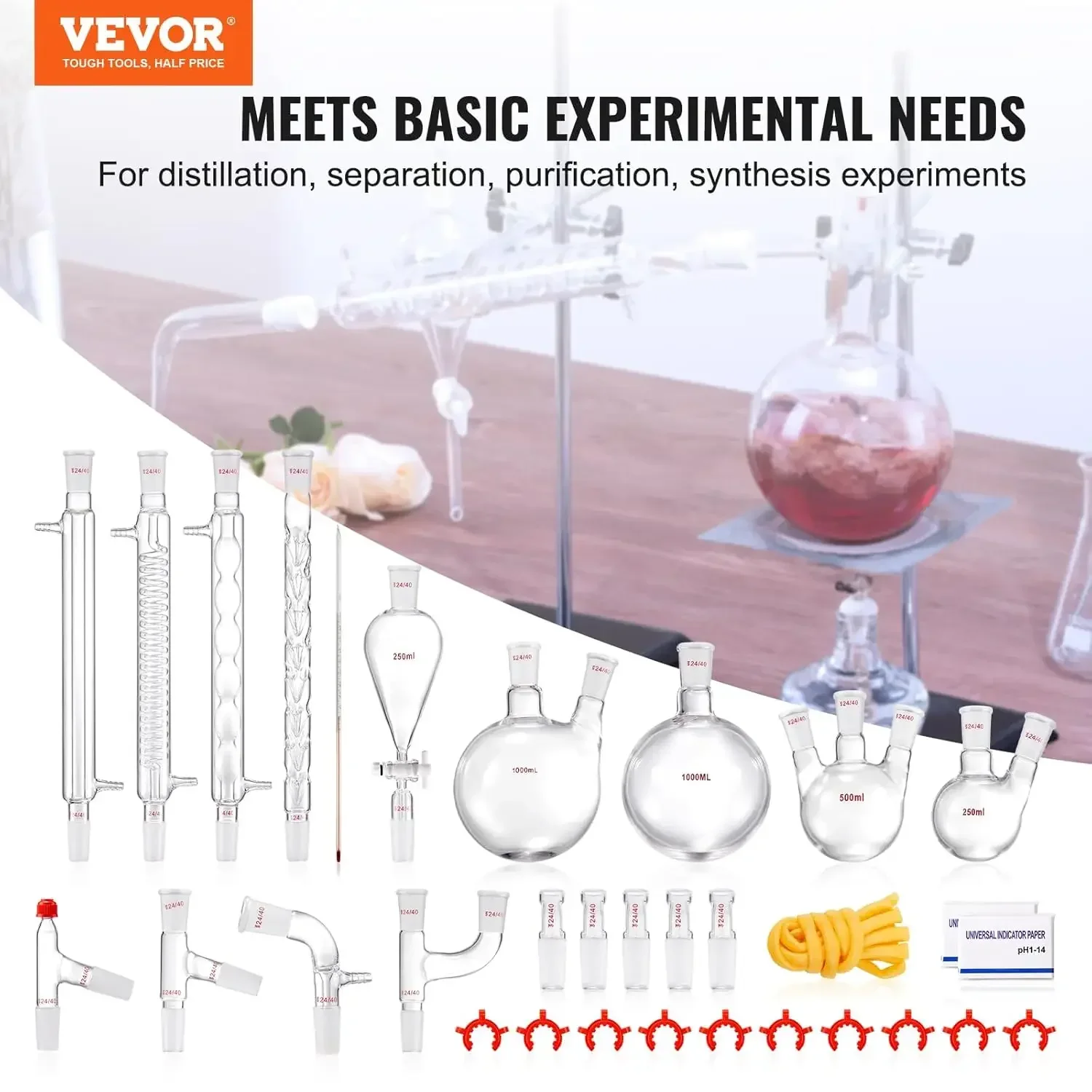 Lab Distillation Kit, 3.3 Boro Lab Glassware Distillation Kit with 24, 40 Joint, 1000ml Essential Oil Distillation Apparatus Kit