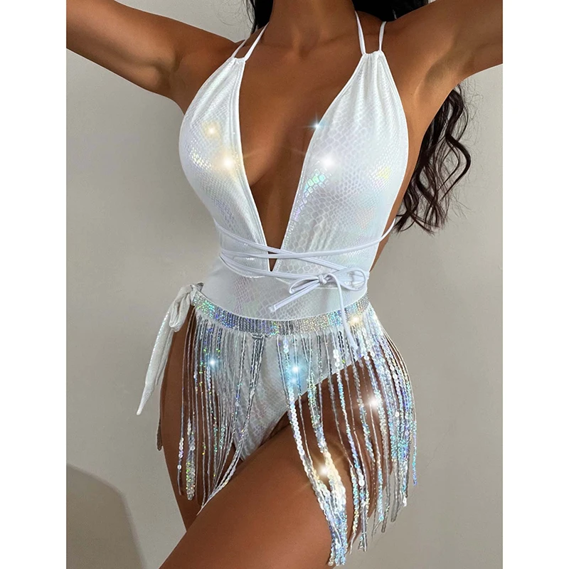 

Модный цельный купальник с кисточками, женский сексуальный купальник с глубоким v-образным вырезом и повязкой на спине, бикини 2025 года, новая пляжная одежда, женское бикини с эффектом пуш-ап