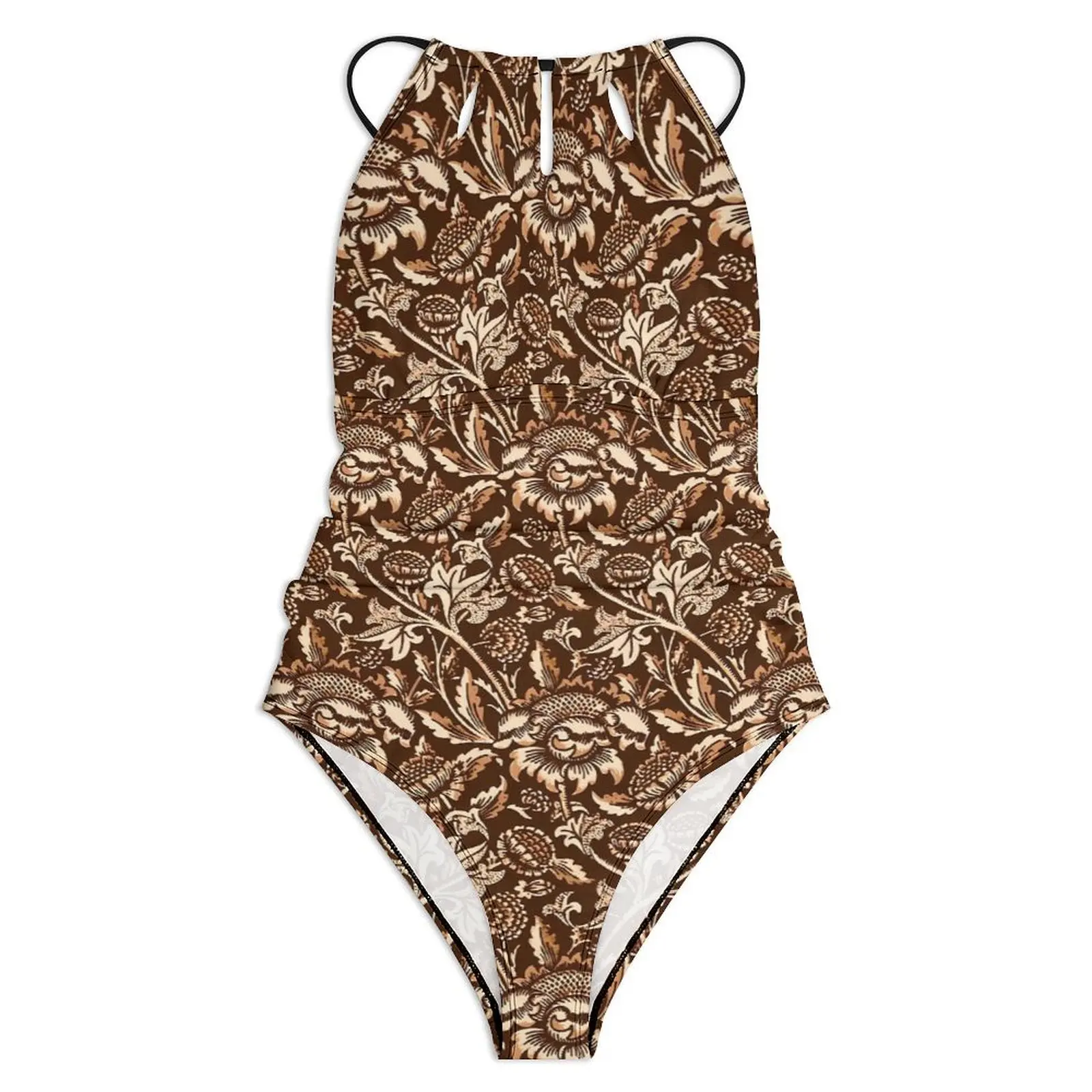 Brown Floral Swimsuit Sunflowers Print Swimwear One Piece Holiday Rave Bodysuit Halter Monokini Lady Push Up Sexy Beach Outfits