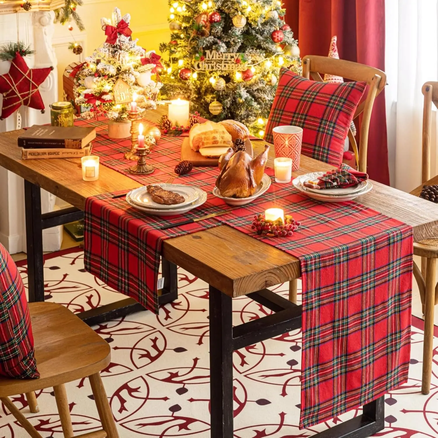 Christmas Table Runner Scottish Plaids Cotton Table Cover Festival  Banquet Table Decor for Party Home Decoration Tablecloth