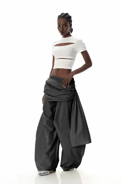 Damen-Retro-Arbeitskleidung in Kontrastfarben, Fallschirmjägerhose, plissiertes Design, lockere Hose mit weitem Bein – Detail 5