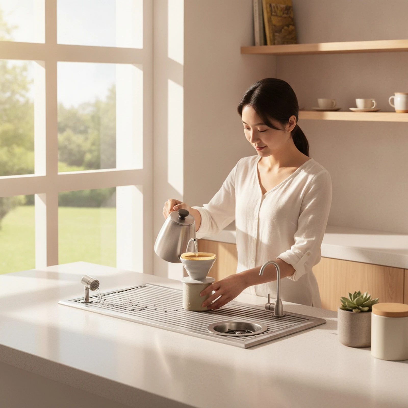 Built-in Draining Tray with Water Outlet Rectangular Stainless Steel Tea Tray with Drain Tube Sleek-Profile for Home Baristas