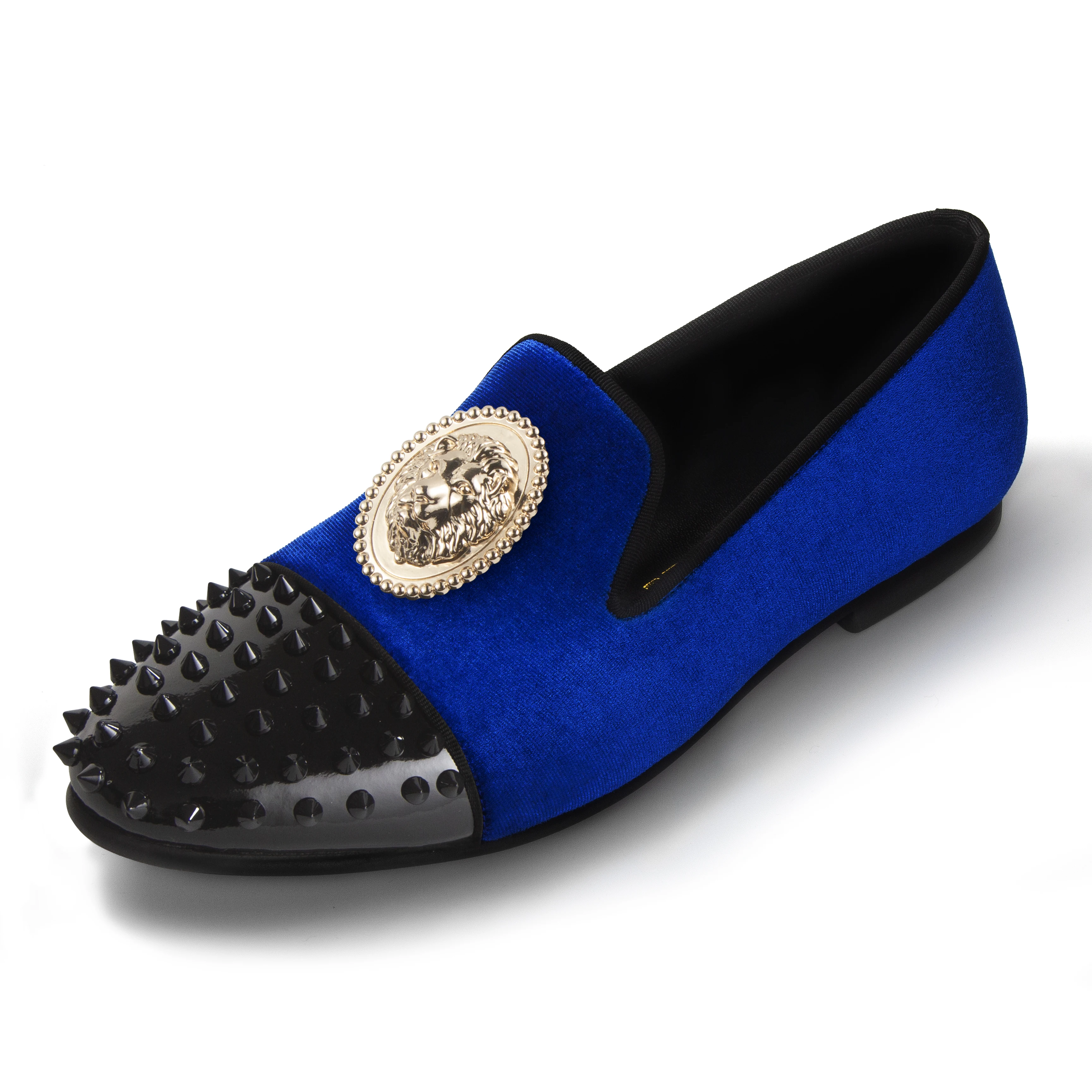 

Harpelunde Velvet Slippers Mens 3D Lion Emblem Blue Dress Wedding Shoes Tuxedo Loafers Spikes Cap Toe