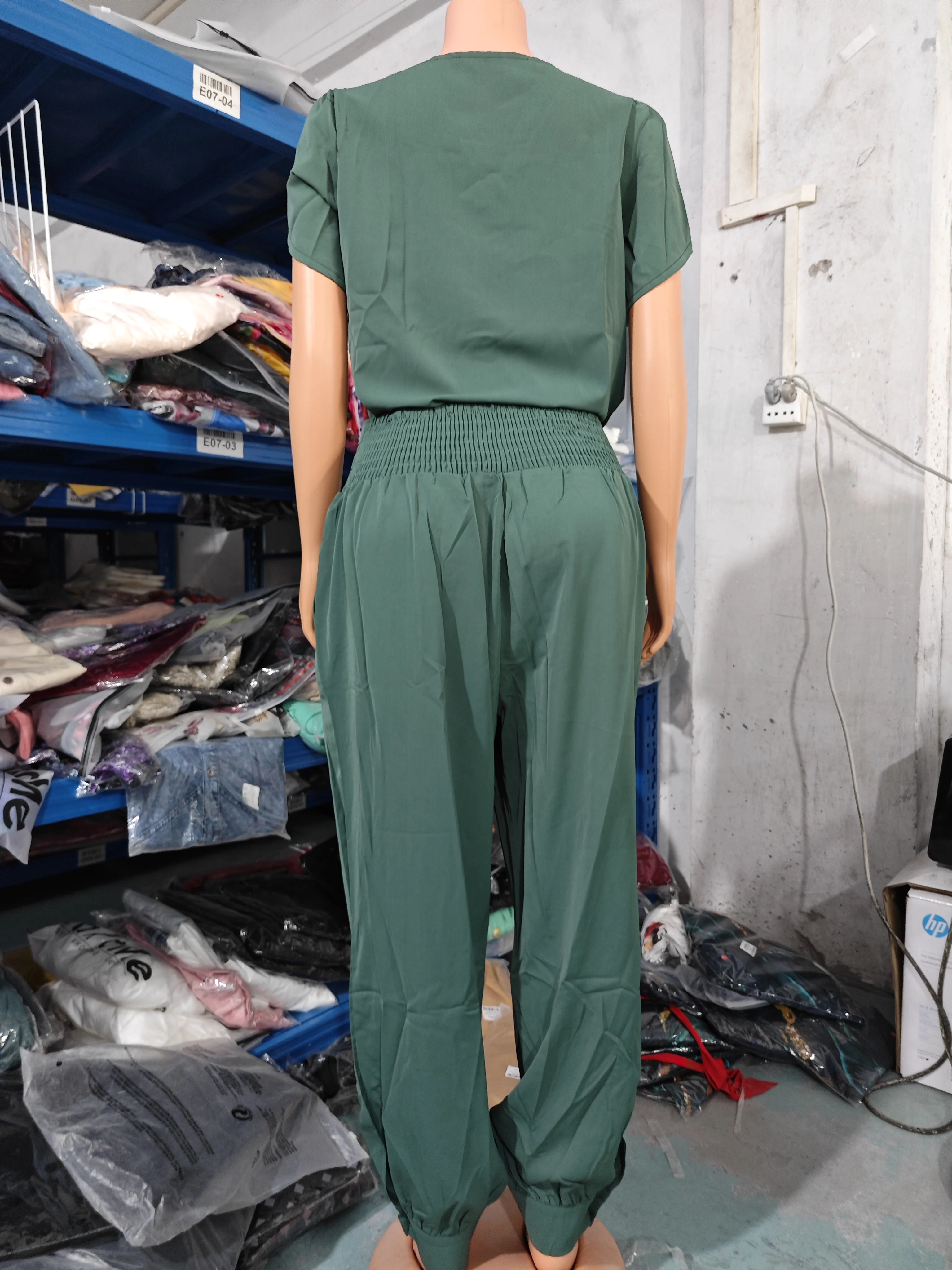 Casual Puff Sleeve Top & High Waist Cuffed Pants Set Polyester Plain V-Neck Design Daily 2023 Fashion Two Piece Outfits
