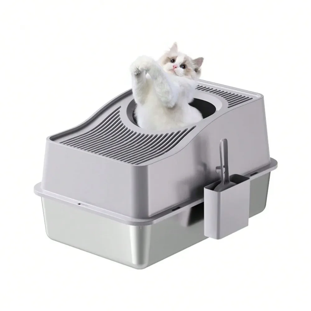 

Cat Litter Box Litter Box Cat AccessoriesStainless Steel Litter Box With Lid, Enclosed Litter Box With Cat Litter Mat And Scoop,