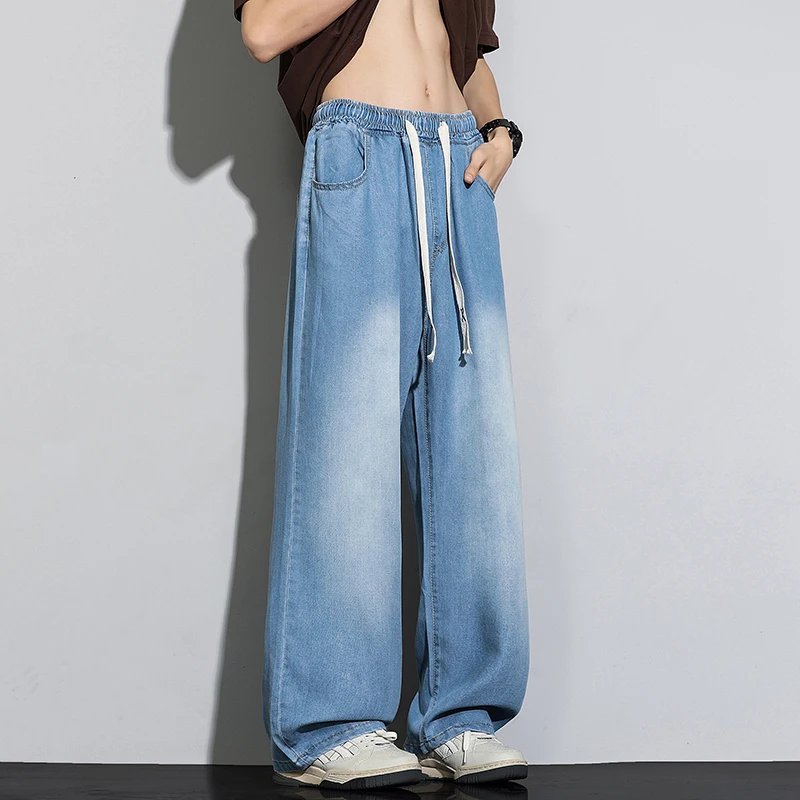 

S-5XL summer lyocell lightweight straight men's woman straight loose jeans elastic waist drawstring boys girls thin trousers