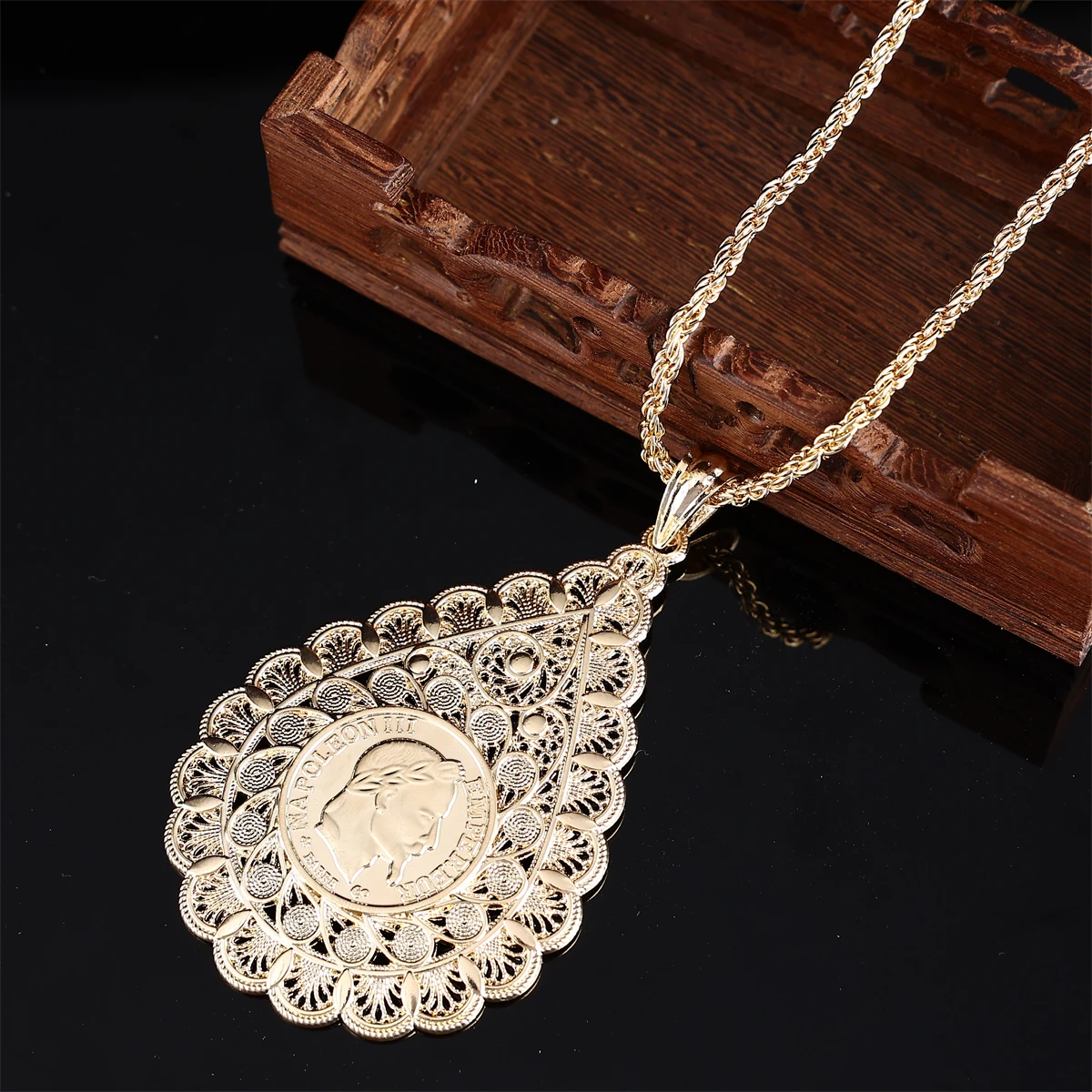 Vintage 1862 Napoleon III French Empire Metal Coin Pendant With Floral Engraving Design For Wedding Decoration Necklace