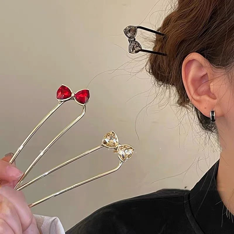 1Pcs Exquisite Bow Rhinestone U-shaped Hairpin Hairpin New Chinese Plating Hair God Simple Fork-shaped Alloy Hair Accessories