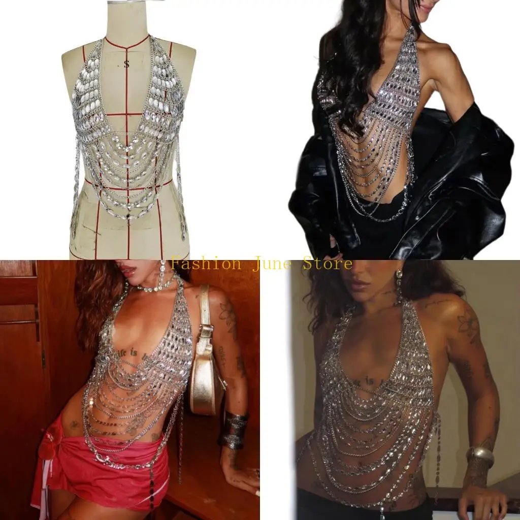 

N5KA Acrylic Rhinestones Chest Harness Necklace Trendy Fashion Accessory For Festivals And Formal Gatherings