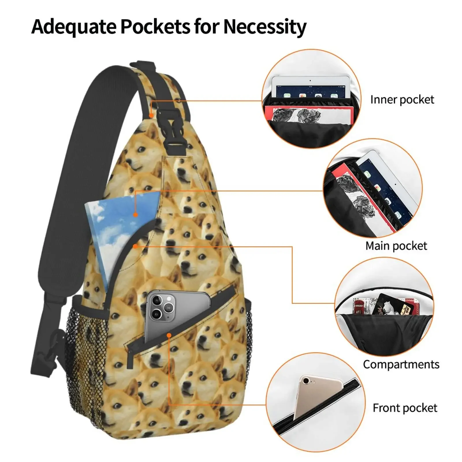 Tile Dog Funny Face Chest Bag Cross Boy Pack Men Bags for Women Adjustment Casual Unisex Polyester Outdoor Running Bags