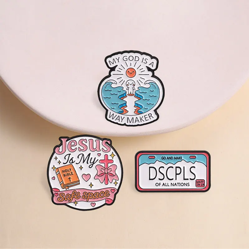 Christian Faith Enamel Pins Parting of the Red Sea License Plate Bible Verse God Jesus Cross Brooches Lapel Badge Jewelry Gifts