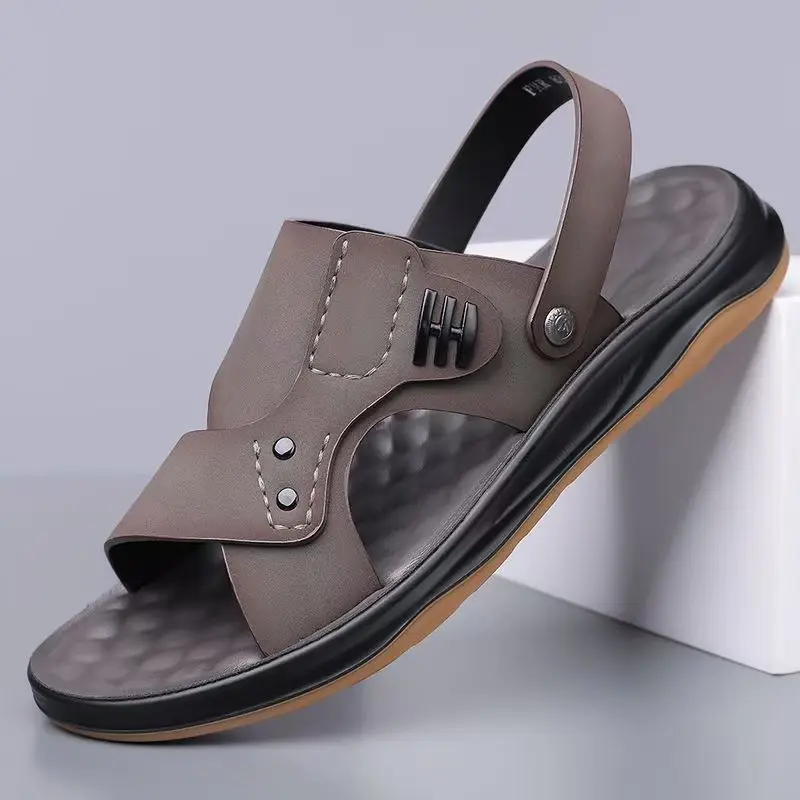 

Men's Summer Leather Flat Sole Sandals Soft Sole Non Slip Open Toe Driving Sandals Dual Purpose Outdoor Beach Sandals Slippers