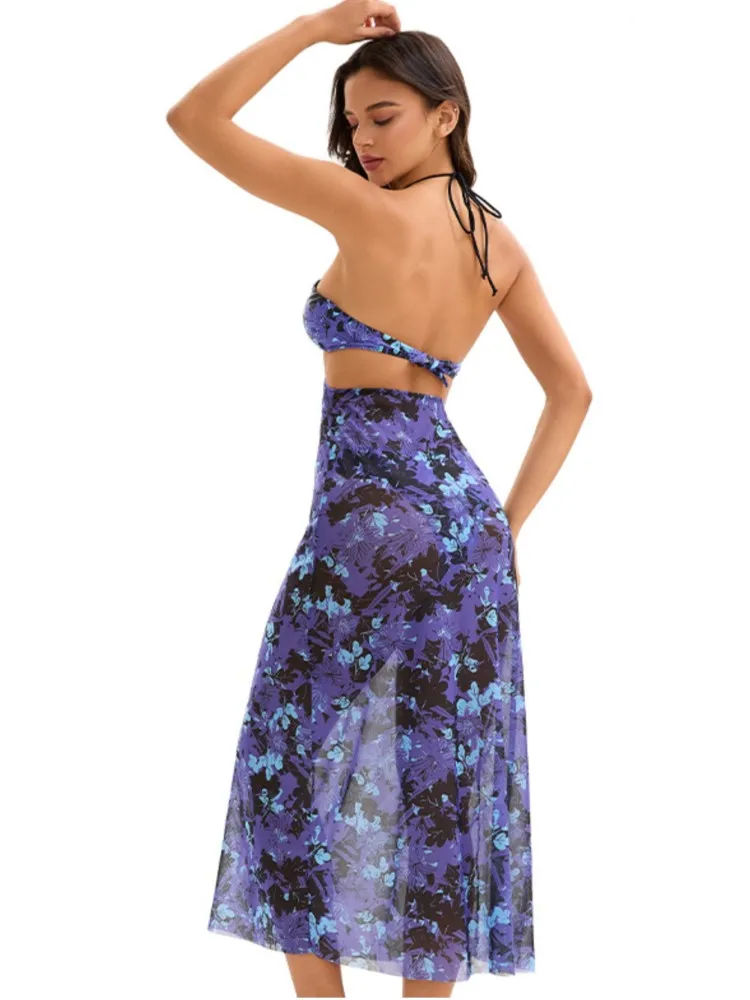 Sexy Strandkleider für Damen, 2025, Bademode, Boho-Bikini, Vertuschung, Kimono, ärmelloses Robe-Kleid, Blumendruck, langes Maxikleid