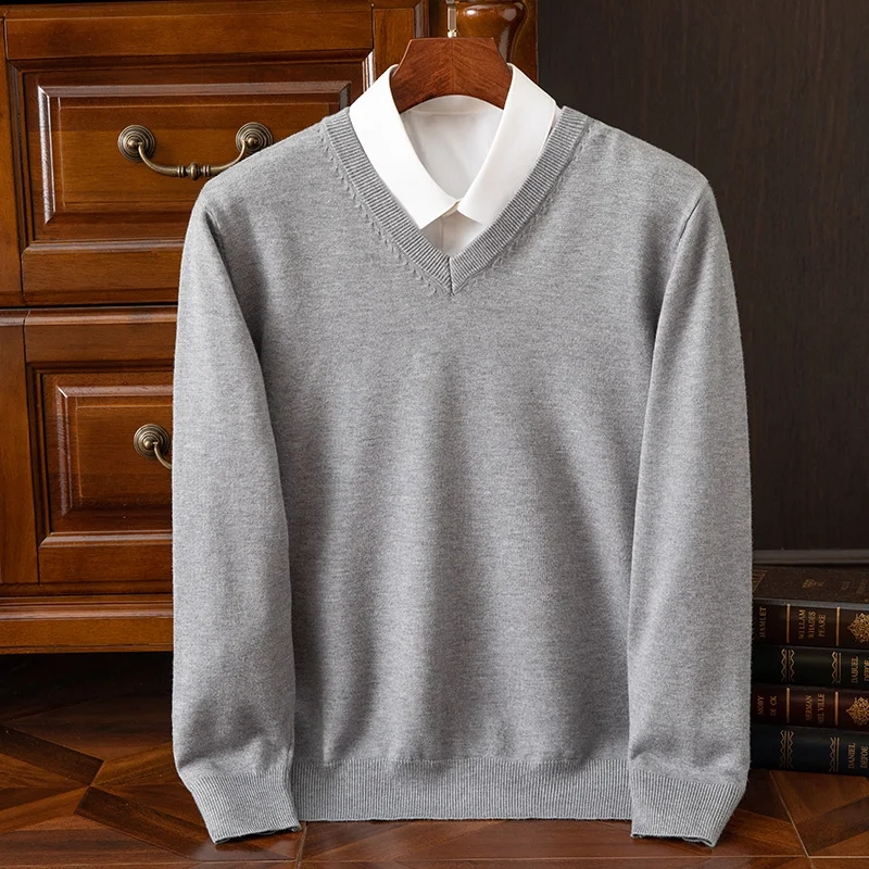 Men Cashmere Sweater V-Neck Pullovers Knit Sweater Autumn and Winter New Long Sleeve High-End Jumpers Tops