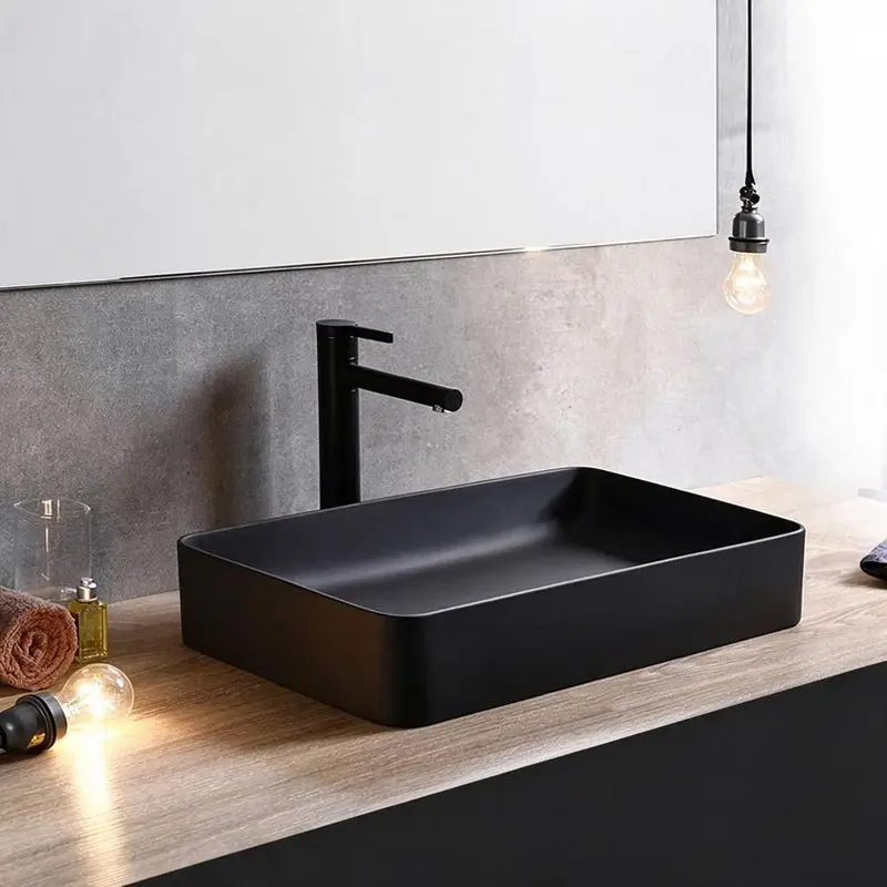 Black Matte Ceramic Table Basin Household Bathroom Square Art Wash Basin Washbasin Integrated Firing