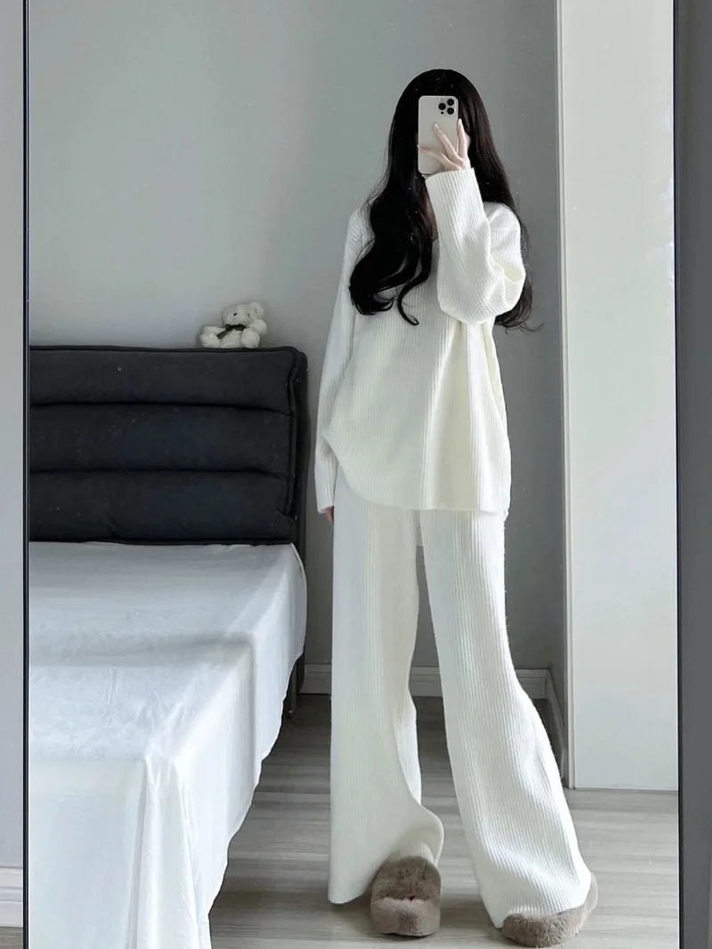 Autumn Korean Fashion 2 Pieces Women Sets Knitted Tracksuit V-neck Sweater and Straight Jogging Pants Suits Casual Wear Y2k
