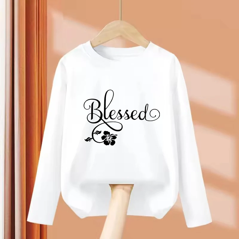 Long Sleeve  Blessed Flower Printed T Shirts Kids Children's T-shirt Boys Girls Summer Spring Casual Top Tee Shirt