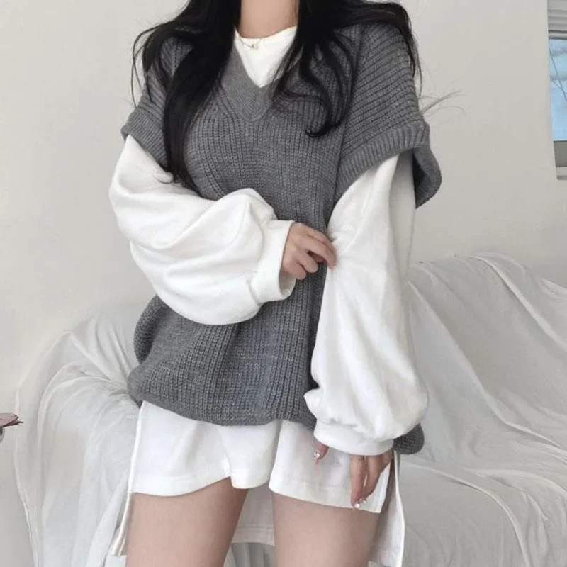 Sweater Vests for Women Fall Winter Baggy Knitwear Korean Style V-neck Comfortable Jumpers Solid Simple Temperament Fashion Cozy