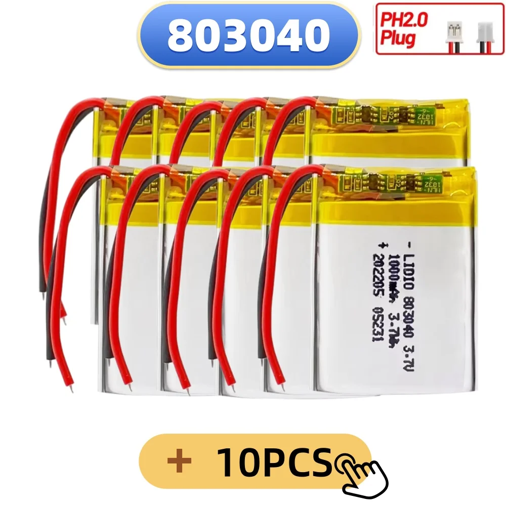 3.7V 1000mAh 803040 1-20pcs Polymer Lithium Rechargeable Battery PH 2.0 2pin Plug For MP5 GPS Navigator Bluetooth Headset