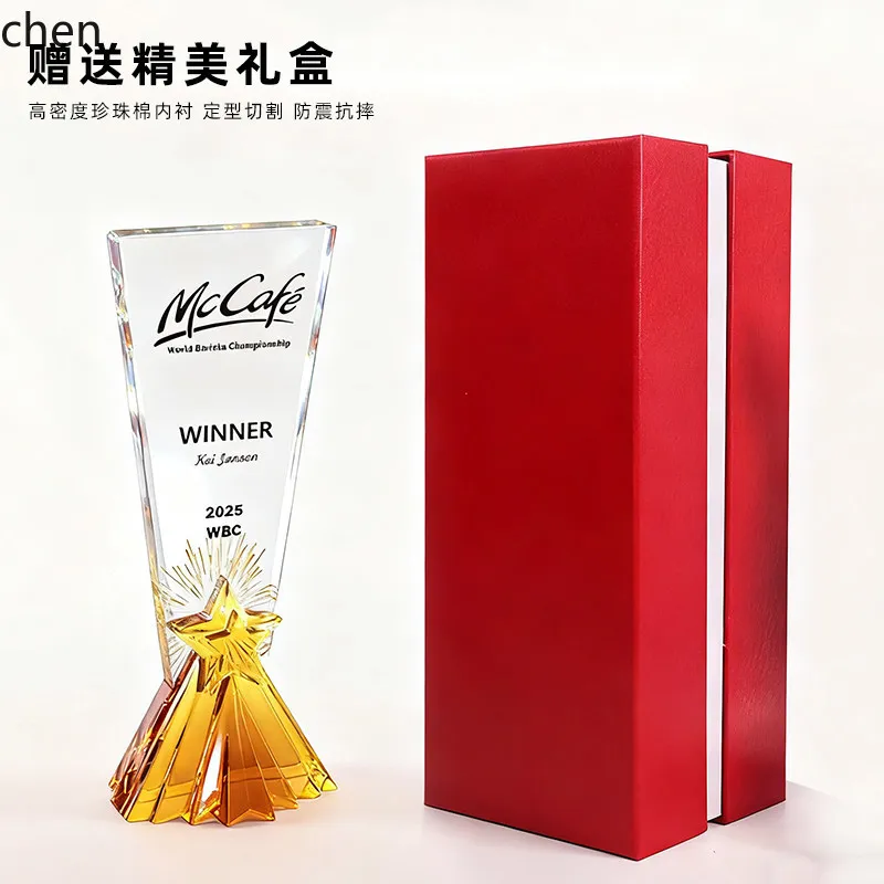HT High-end Glass Crystal Trophy Custom Creative New Mountain Peak Annual Award Outstanding Employee Honor Medal